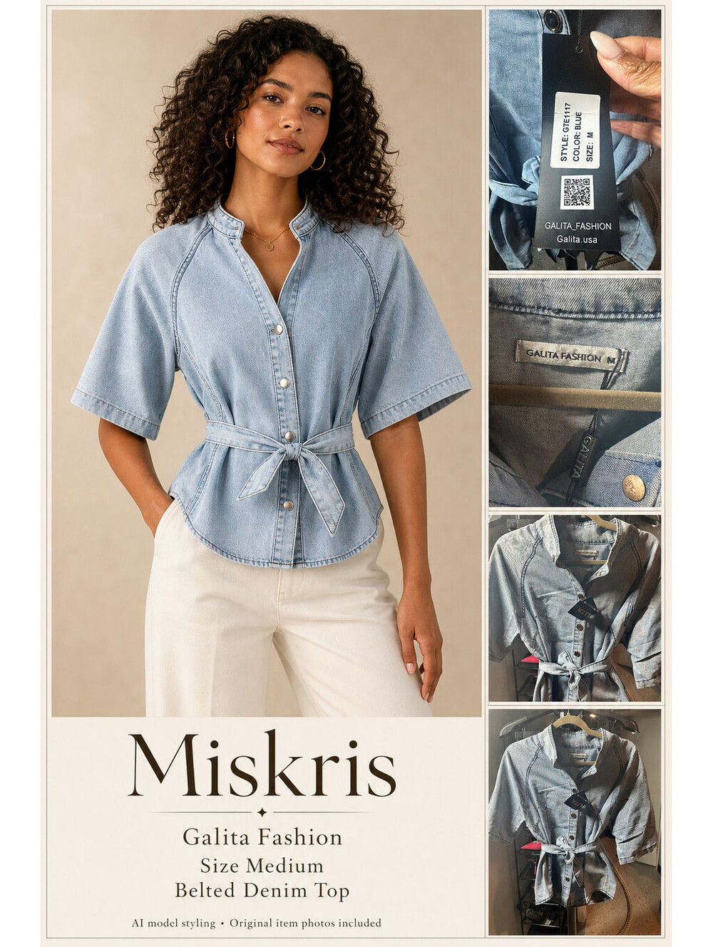 Galita Fashion Denim Top Medium Blue Belted Puff Sleeve Snap Front Peplum GTE111